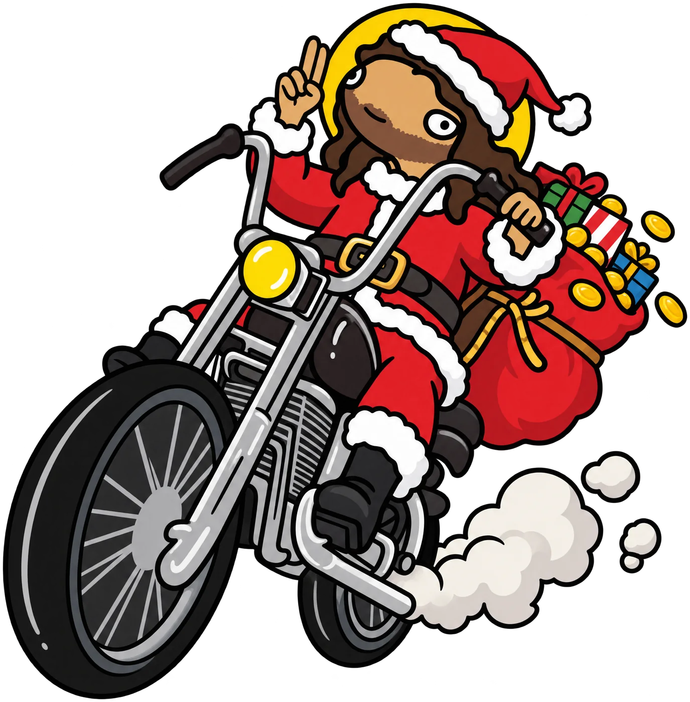 Jizzus in a Santa suit doing a wheelie on a chrome chopper with a sack of gifts