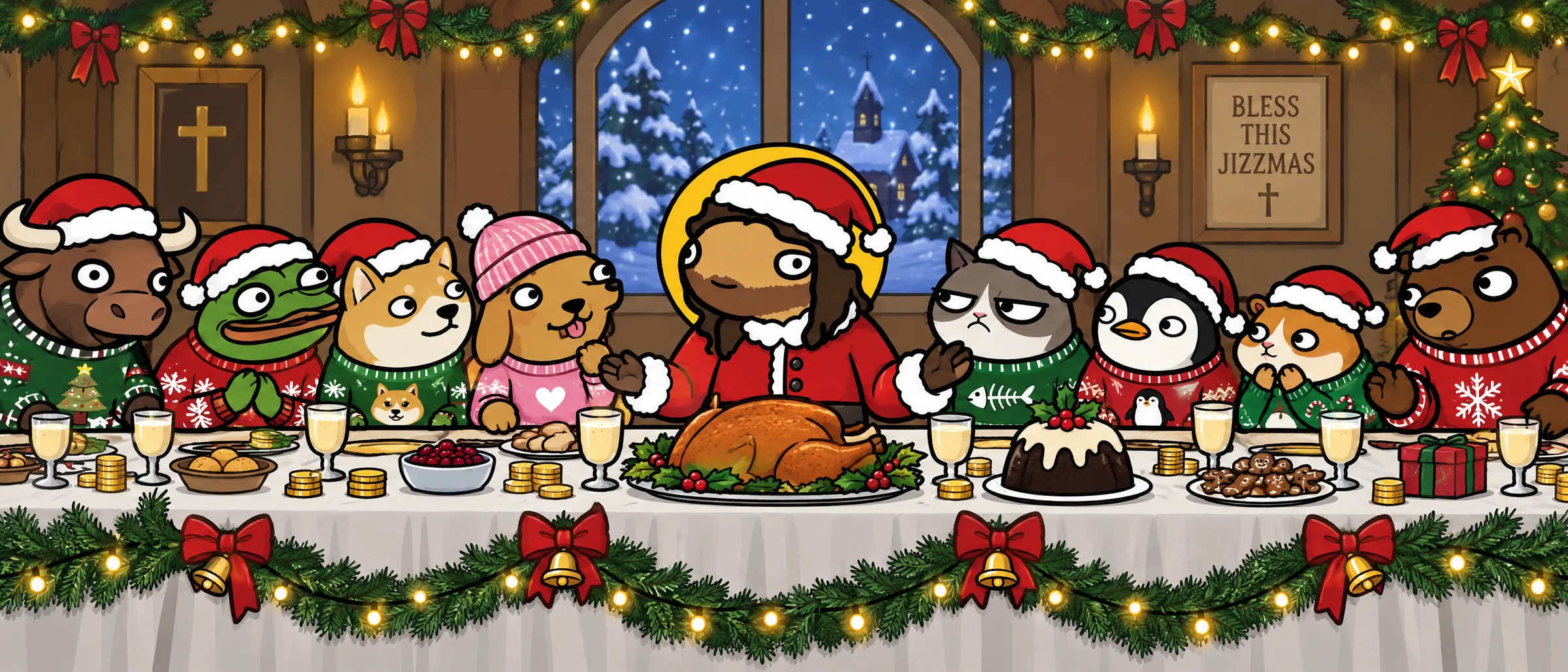 A Last Supper parody: Jizzus in a Santa suit at a Christmas table with a frog, a shiba, a dog in a pink hat, a cat, a penguin and other meme animals