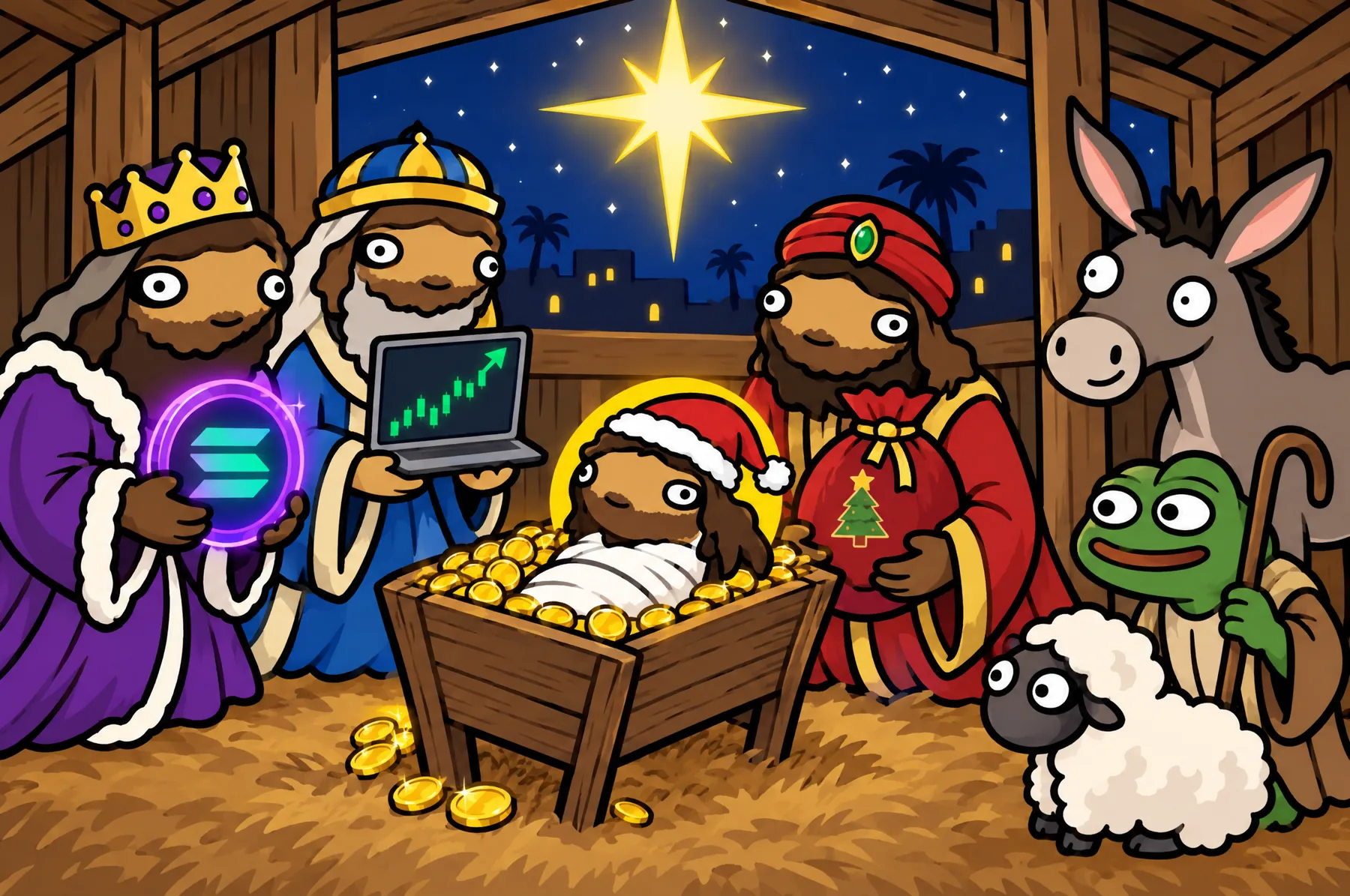 A nativity parody: baby Jizzus in a manger full of gold coins, wise men bringing a coin, a laptop with a green chart and a gift sack