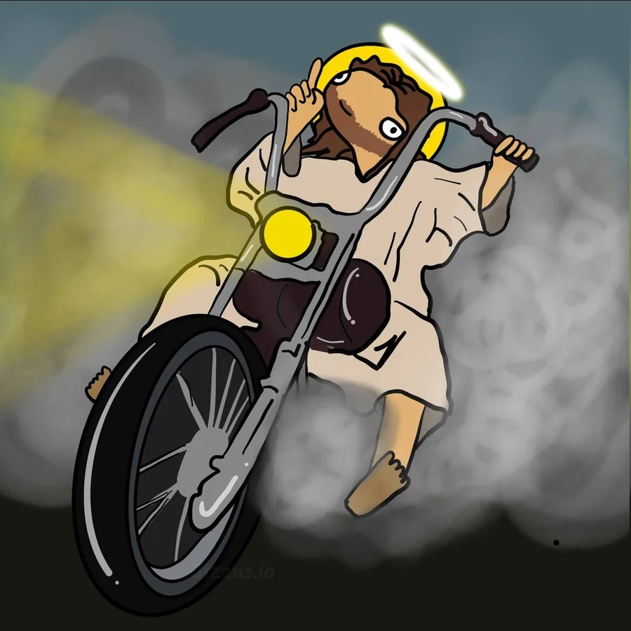 The original 2024 drawing of Jizzus riding a chopper through the smoke