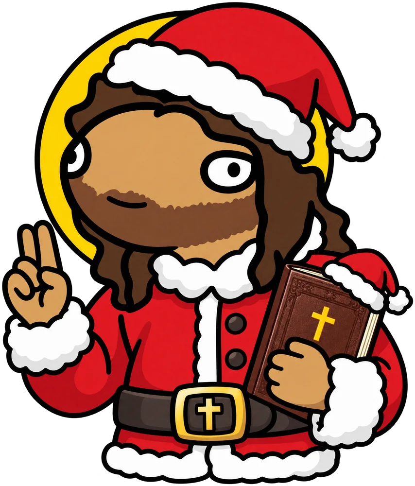 Jizzus in a Santa suit doing a blessing and holding a Bible wearing a tiny Santa hat