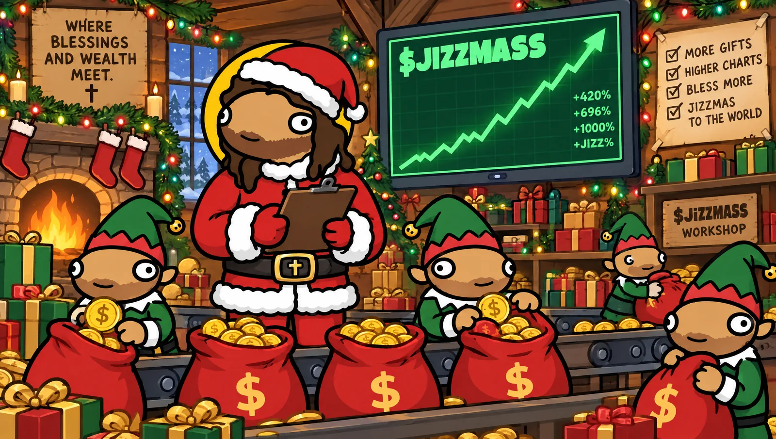 Jizzus supervising elves stuffing gift sacks with gold coins under a green chart